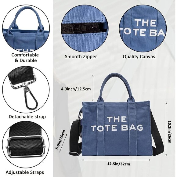 Women Blue Personalized Canvas Crossbody Tote Bags with Zipper Mini Top-Handle - Picture 4 of 7